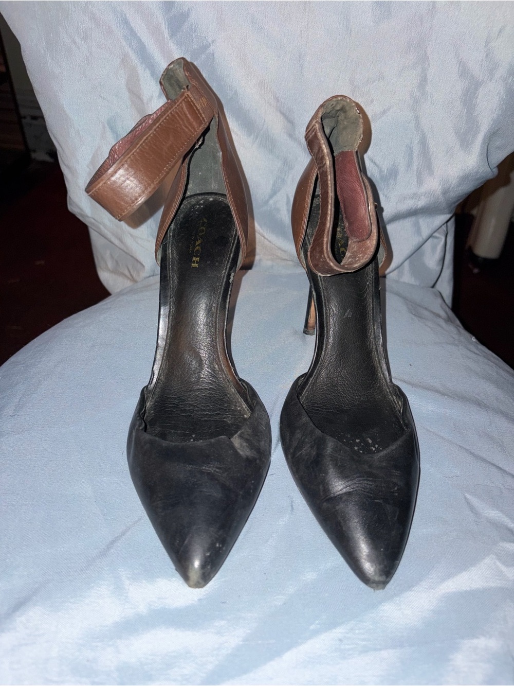 Coach Two-Tone Pointed Toe Ankle Strap Heels in Black and Brown